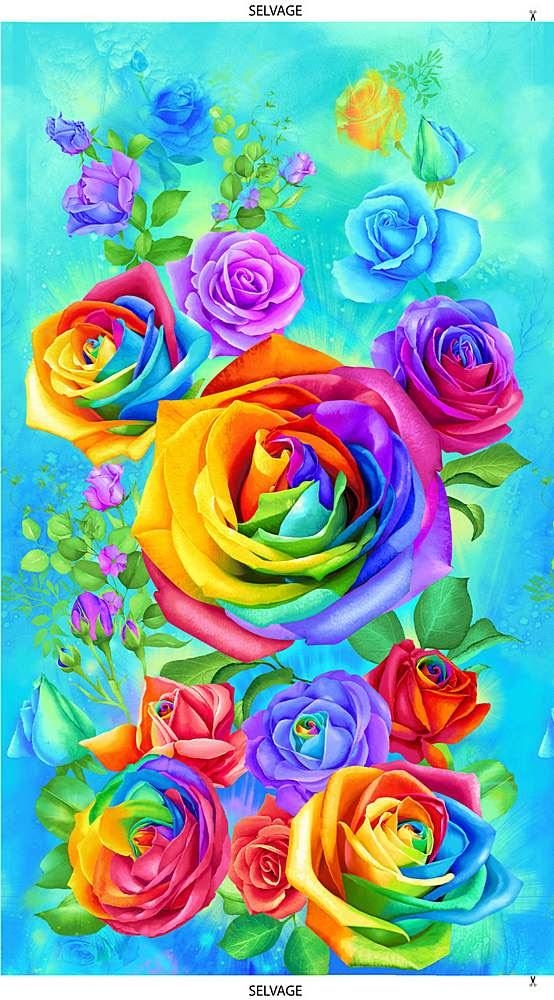 CD8946 Aqua Rainbow Rose Panel 24" x 45"